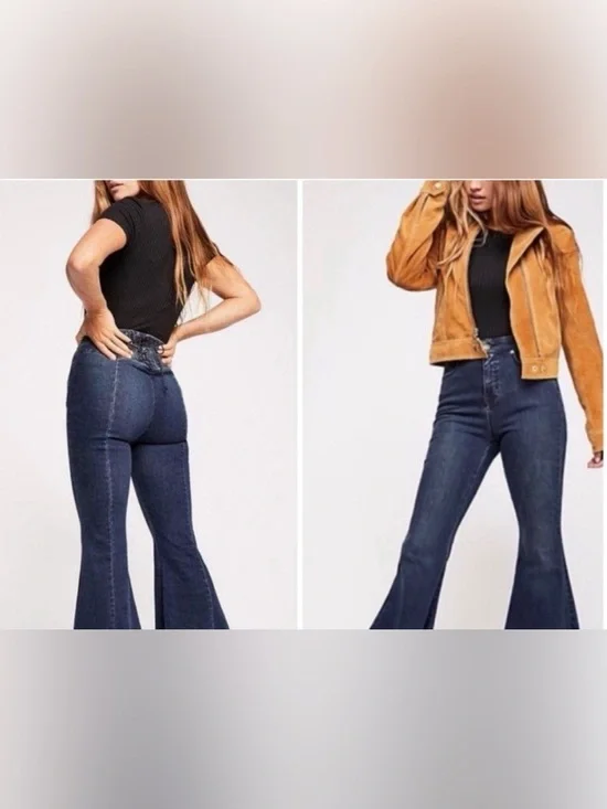 Jeans Free People Curvy High Rise Cropped Lace Up Dark Wash Stretch Waist Jeans - Picture 6 of 16